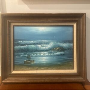 Vintage Oil Painting Ocean Waves Night Signed Certified Wood Frame Canoe Bird
